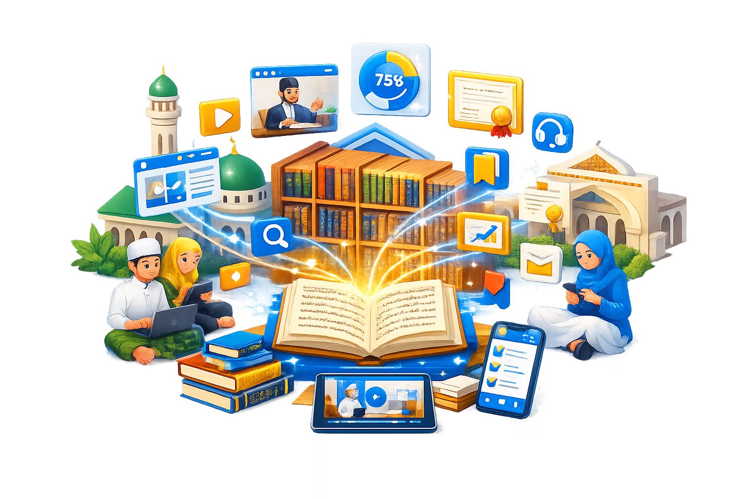 Ilustrasi santri belajar kitab digital di Rumah Kitab